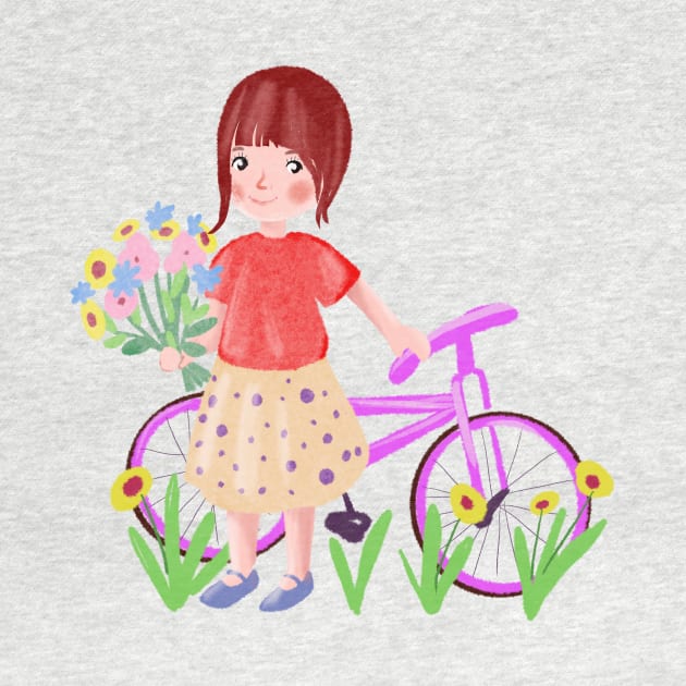 cartoon girl with a bicycle and a bouquet of wildflowers by sonaart